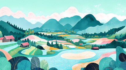 Peaceful Mountain Valley Landscape Painting