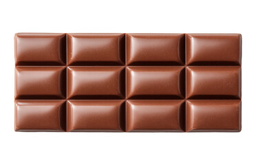 Milk chocolate bar divided into rectangular squares showing classic segmented pattern, isolated on transparent background