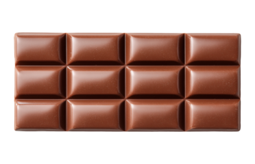 Milk chocolate bar divided into rectangular squares showing classic segmented pattern, isolated on transparent background