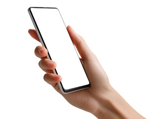 Woman hand holding smartphone vertically with blank screen, isolated on transparent background