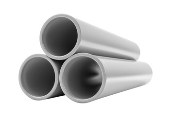 Three white PVC plastic pipes stacked together, isolated on transparent background