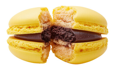 Yellow French macaron with chocolate filling showing interior, isolated on transparent background