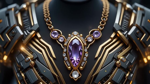 &ldquo;Dark gold necklace with titanium mechanical lines, crystal diamonds emitting sci-fi glow&rdquo;