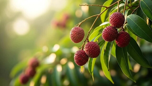 Lush Lychee Orchard - A Close-Up of Ripe Fruits on the Branch.