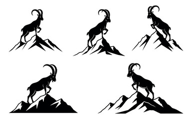 Obraz premium Black silhouette ibex and mountain set featuring wild goats on rocky peaks for nature and adventure designs