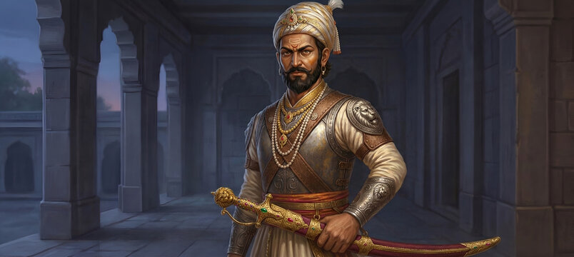 Chhatrapati Shivaji Maharaj stands majestically in a twilight palace corridor