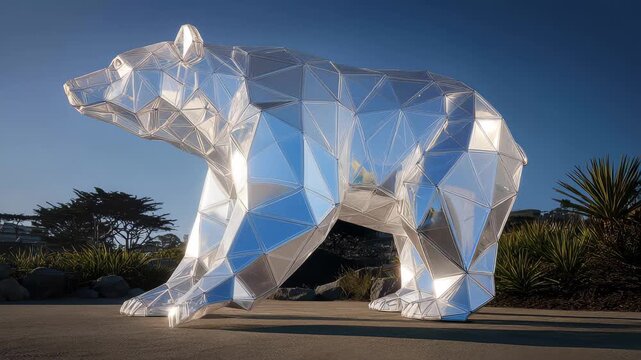 Sculpture of a bear made from clear materials placed in a public space under bright sunlight during the day