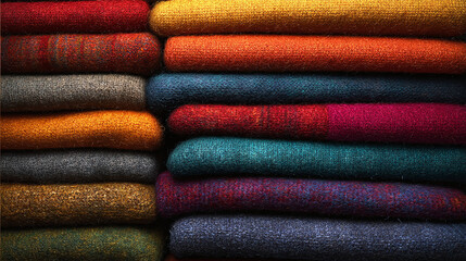 A stack of colorful blankets showcasing a spectrum of hues, inviting warmth and comfort