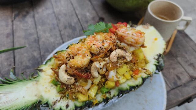 Pineapple Fried Rice is served inside real pineapple fruit. This Pineapple Fried Rice in pineapple shell is unique serving. Delicious Pineapple Fried Rice with shrimps is exotic thai meal.