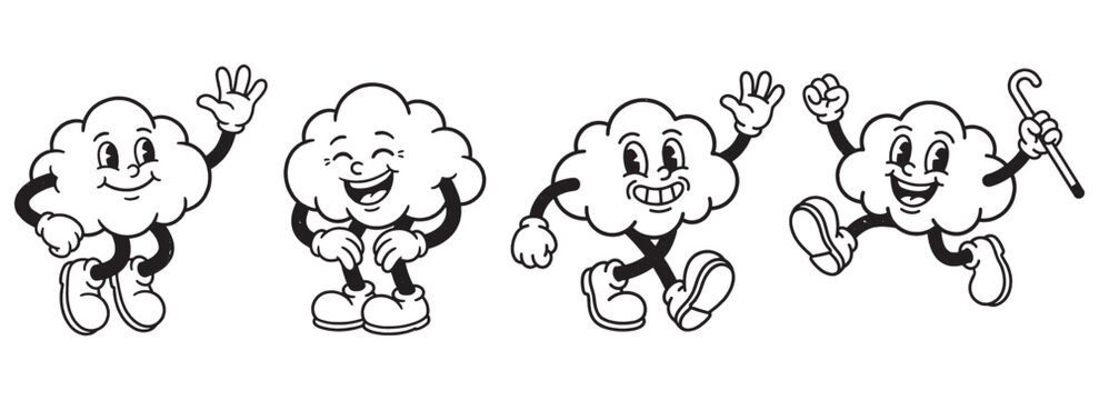 e Cloud Mascot Characters in Classic 1930s Rubber Hose Animation Style