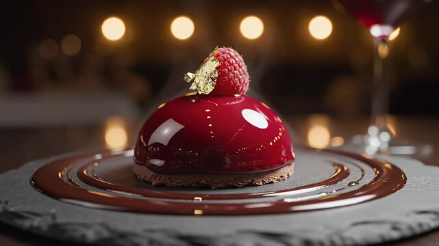 A luxurious red dessert topped with a raspberry is served on a stylish plate in a sophisticated dining environment with soft lighting