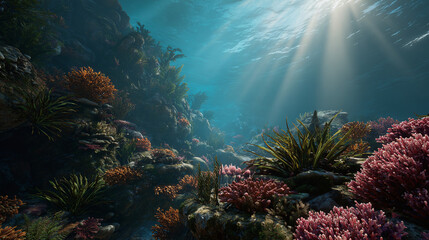 An underwater coral reef with sunlight filtering through the water