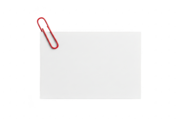 Red paperclip holding a white note, isolated on transparent background