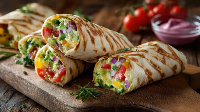 Fresh vegetable wraps served on a wooden board with sauce and tomatoes in the background during a casual lunch setting
