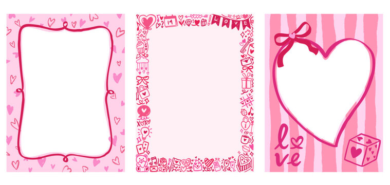valentines pink, red love hearts and doodle frame border vector collection set