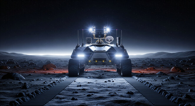 lunar lander making contact with the Moon dusty surface, landing legs touching down and kicking up a cloud of dust. banner