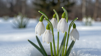 White snowdrop flowers blooming in snowy winter landscape