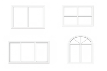 White window frames and transparent glass presenting different architectural designs for homes and interiors, isolated on a transparent background