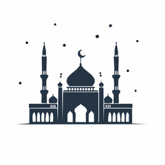 Islamic Mosque Silhouette with Crescent Moon and Stars, Flat Design Vector