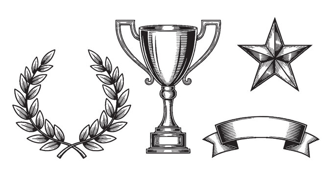 Trophy Set with Laurel Wreath Star and Blank Ribbon Banner