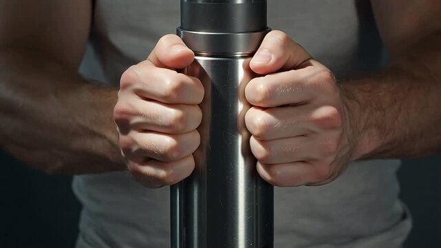 Man gripping metallic cylindrical object