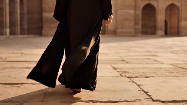 Abaya Fabric Flow Black Textile Moving in Wind Slow Motion