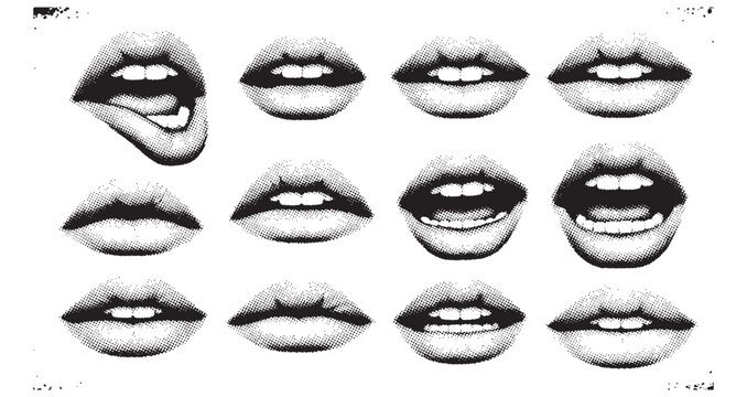 Set of Female Lips with Various Expressions and Mouth Poses