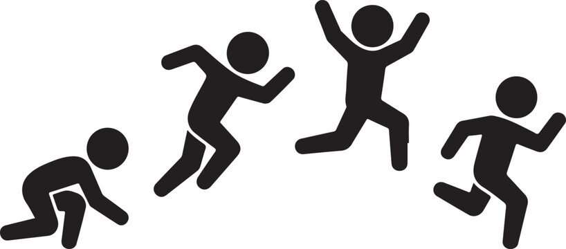 Standing long jump position stick figure sportsman vector icon illustration set. Leap sequence move silhouette