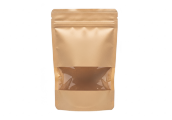 Brown paper stand up pouch with clear window isolated on transparent background