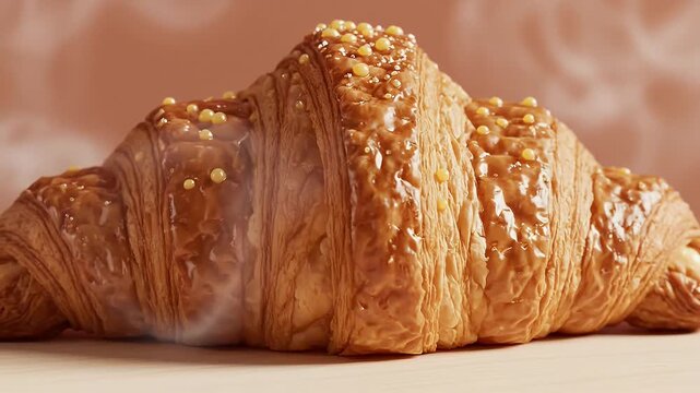 A freshly baked croissant with sesame seeds on a light surface viewed from the side with soft focus background