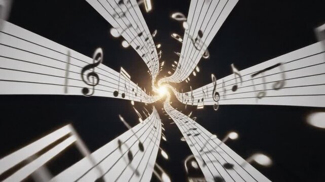Abstract tunnel of flowing musical notes, a vibrant bright light at the vanishing point