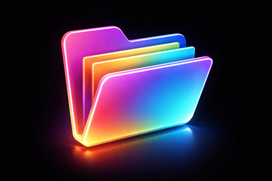 Digital Folder in Neon Glow: A stylized neon folder glows with a spectrum of colors, its sleek design inviting exploration of digital files.