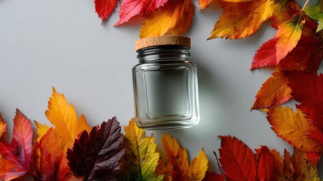 Glass jar surrounded by autumn leaves arranged on a plain surface in a cozy setting during fall season