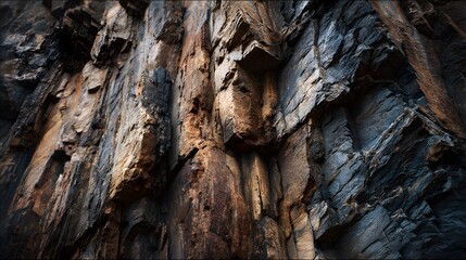 Dramatic close up texture of a rugged dark slate rock face displaying deep fissures and striking variations in natural earthy tones under soft dramatic lighting conditions.
