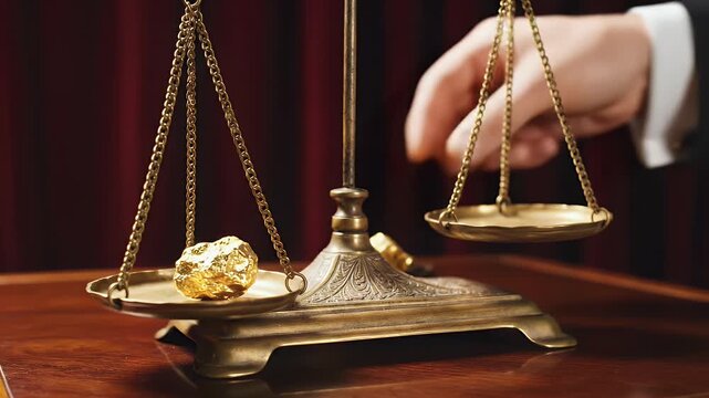 Antique Gold Balance Scale Tipping with Gold Nugget on Stone Surface