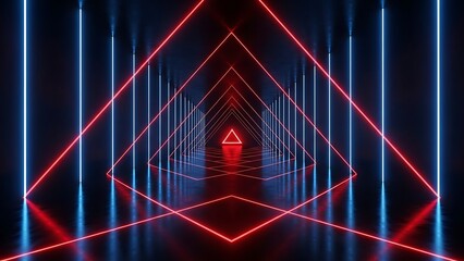 Futuristic neon lit tunnel with red and blue laser beams and triangles