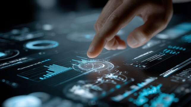 Futuristic Interface with Touch Technology and Data Visualization for Modern Business Analysis and User Interaction