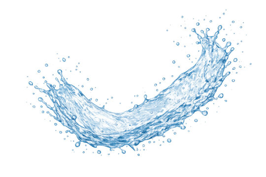 Water splash motion creating an arched shape with many droplets, representing freshness, purity, and dynamic liquid movement