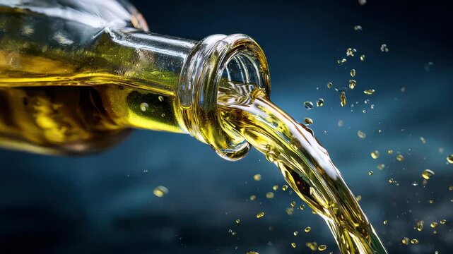 Liquid flowing from a bottle into a dark surface with droplets splashing around during evening light