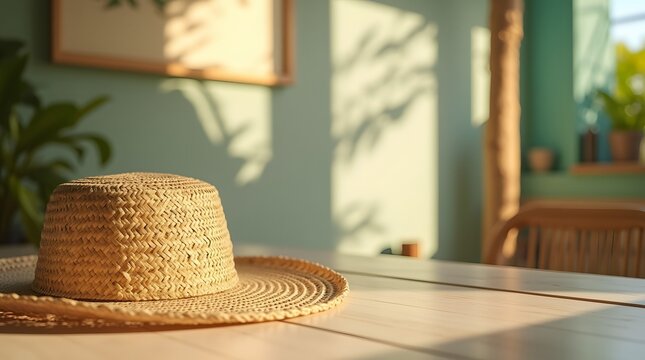 Chapeau de paille sur table dans un salon d'&eacute;t&eacute;