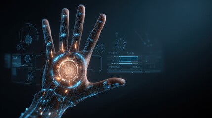 Futuristic Hand with Digital Interface and Technological Elements Illustrating Innovations in Cybersecurity and Data Analytics