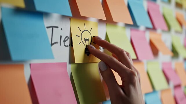 Brainstorming Wall Colorful Sticky Notes and Hand Adding Lightbulb Icon