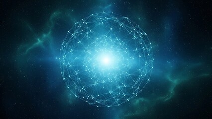 Glowing blue network sphere in starry night sky with nebula futuristic