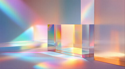 Prismatic light refracting through glass blocks, creating a colorful and ethereal display. The image captures the beauty of light and the visual effects of refraction 