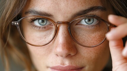 Macro photography of a woman with freckles adjusting her brown eyeglasses. Ideal for optometry blogs, eyewear fashion websites, or vision health articles.