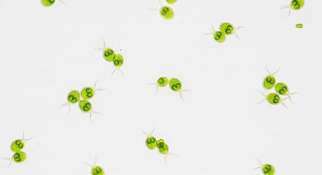 A detailed microscopic perspective showcasing a colony of Chlamydomonas algae, revealing their