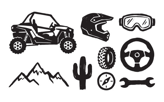 Off-Road Adventure Icon Set with UTV Buggy Helmet Compass and Mountain Elements