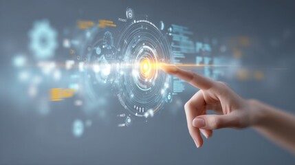 Fototapeta premium Hand Reaching Towards Digital Interface Featuring Futuristic Data Visualization and Technology Concepts for Innovative Futures in Business and Communication
