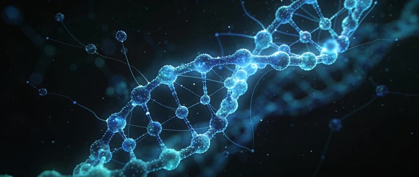 Blue DNA molecule double helix network for genetics research, biotechnology nanotechnology skincare innovation, abstract glowing strand background with digital science technology for cosmetic formula