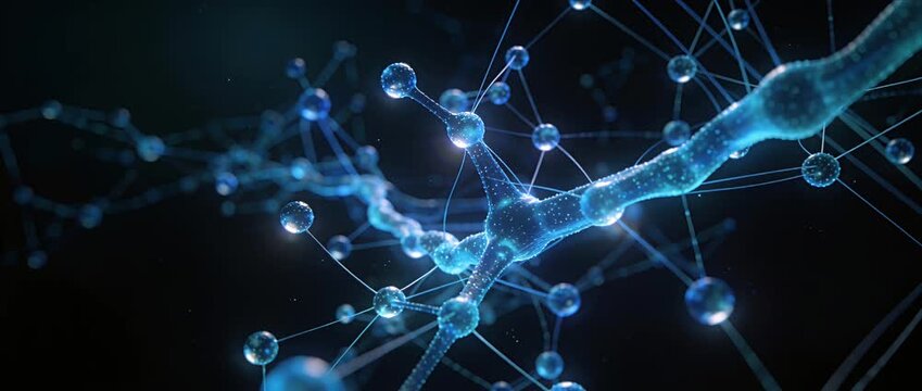 Molecule network technology for skincare science, nanotechnology chemistry, glowing blue molecular structure with connected nodes, serum delivery innovation, cellular repair research